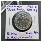 1939-G Germany Third Reich 2 Reichsmark Silver Gem