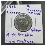 1916 Hungary 1 Korona Silver Coin KM#492