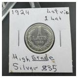 1924 Latvia 1 Lats Silver Coin