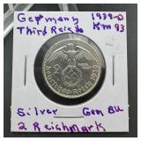 1939-D Germany Third Reich 2 Reichsmark Silver Coi