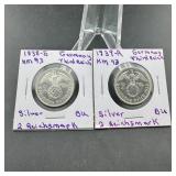 (2) Germany Third Reich 2 Reichsmark Silver Coins