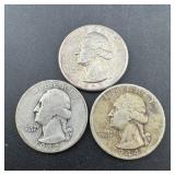 (3) Silver Washington Quarters - 1944-s, 1942, 63