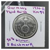 1936-G Germany Third Reich 5 Reichsmark Silver Coi