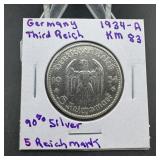 1934-A Germany Third Reich 5 Reichsmark Silver Coi