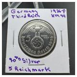1936-F Germany Third Reich 5 Reichsmark Silver Coi