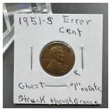 1951-S Error Wheat Cent "I" on Date Struck Throu