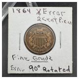 1864 Error 2 Cent Piece Rotated Fine Grade
