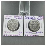 (2) Germany Third Reich 2 Reichsmark Silver BU Coi