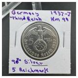 1937-J Germany Third Reich 5 Reichsmark Silver Coi