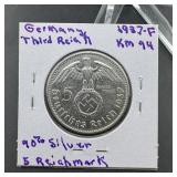 1937-F Germany Third Reich 2 Reichsmark Silver Coi