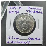 1937-D Germany Third Reich 2 Reichsmark Silver Gem