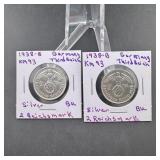 (2) 1938 Germany Third Reich 2 Reichsmark Silver B