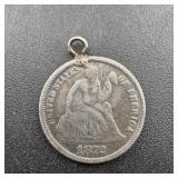 1874 Seated Liberty Silver Dime in Clasp Holder