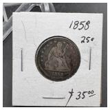 1858 Seated Liberty Silver Quarter