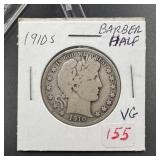 1910-S Barber Silver Half Dollar