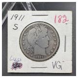 1911-S Barber Silver Half Dollar