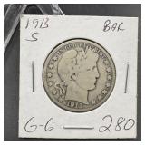 1913-S Barber Silver Half Dollar