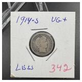 1914-S Barber Silver Dime