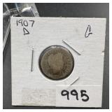 1907-D Barber Silver Dime