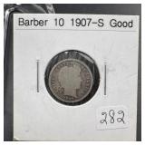 1907-S Barber Silver Dime