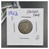 1912-S Barber Silver Dime