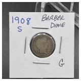 1908-S Barber Silver Dime