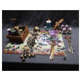 2 rugs, assorted wind chimes, sand art, Rose porce