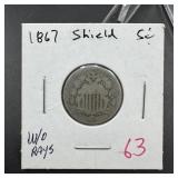 1867 Shield Nickel No Rays