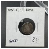 1858-O Seated Liberty Silver Half Dime With Hole