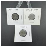 (3) 1943 Steel Lincoln Wheat Cents  P, D & S