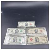 5 note $2 note set 1928, 53, 63, 76, 07
