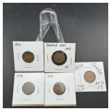 Five Canadian Small Cents  1935, 1938, 1940, 1941