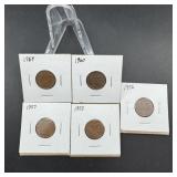 Five Canadian Small Cents  1956, 1957, 1958, 1959