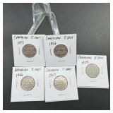 Five Canadian 5 Cent Coins  1929, 1946, 1947, 195