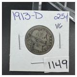 1913-D Barber Silver Quarter