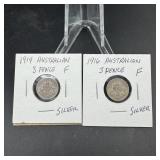 1914 & 1916 Australian Threepence Silver Coins