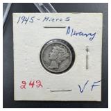 1945 Micro S Mercury Silver Dime