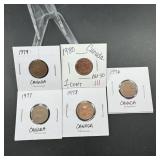 Five Canadian Small Cents  1971, 1972, 1973, 1974