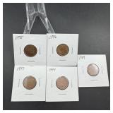 Five Canadian Small Cents  1989, 1993, 1994, 1995