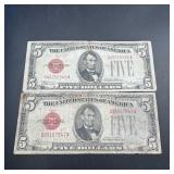 Two 1928 $5 United States Notes ï¿½ Red Seal