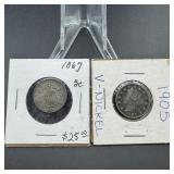 1867 Shield Nickel & 1905 Liberty 