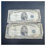 Two 1953 $5 Silver Certificates ï¿½ Blue Seal