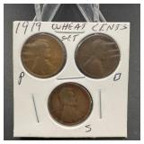 1919 Wheat Cent  3 Coin Set P,d,s