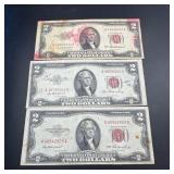 Three 1953 $2 Red Seal Notes