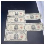 Six 1963 $5 Red Seal Notes