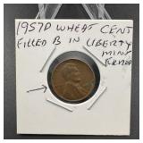 1957d Wheat Cent Filled B Variety Error