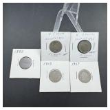 Five 1883 No Cents Liberty Nickels