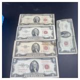 Five 1953 $2 United States Notes ï¿½ Red Seal