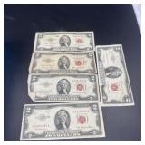 Five 1953 $2 United States Notes ï¿½ Red Seal