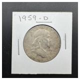 1959-D Franklin silver half dollar.